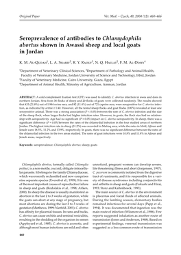 Seroprevalence of Antibodies to Chlamydophila Abortus Shown in Awassi Sheep and Local Goats in Jordan