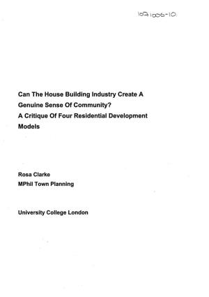 Can the House Building Industry Create a Genuine Sense of Community? a Critique of Four Residential Development Models