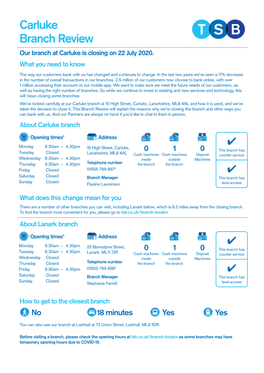 Carluke Branch Review Our Branch at Carluke Is Closing on 22 July 2020