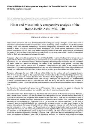 Hitler and Mussolini: a Comparative Analysis of the Rome-Berlin Axis 1936-1940 Written by Stephanie Hodgson