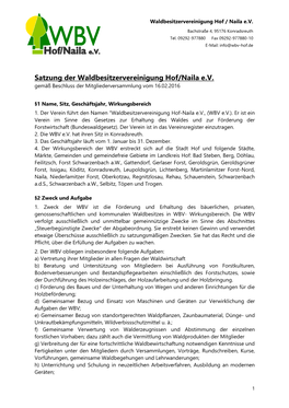 Satzung Der Waldbesitzervereinigung Hof/Naila Ev