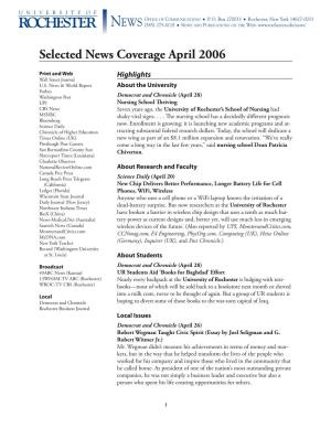 Selected News Coverage April 2006
