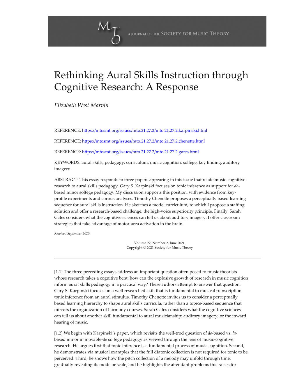 Rethinking Aural Skills Instruction Through Cognitive Research: a Response