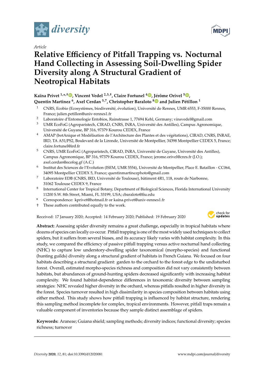 Relative Efficiency of Pitfall Trapping Vs. Nocturnal Hand Collecting In