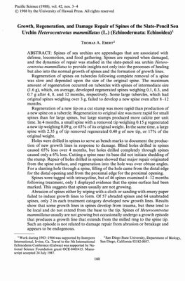 Growth, Regeneration, and Damage Repair of Spines of the Slate-Pencil Sea Urchin Heterocentrotus Mammillatus (L.) (Echinodermata: Echinoidea)!