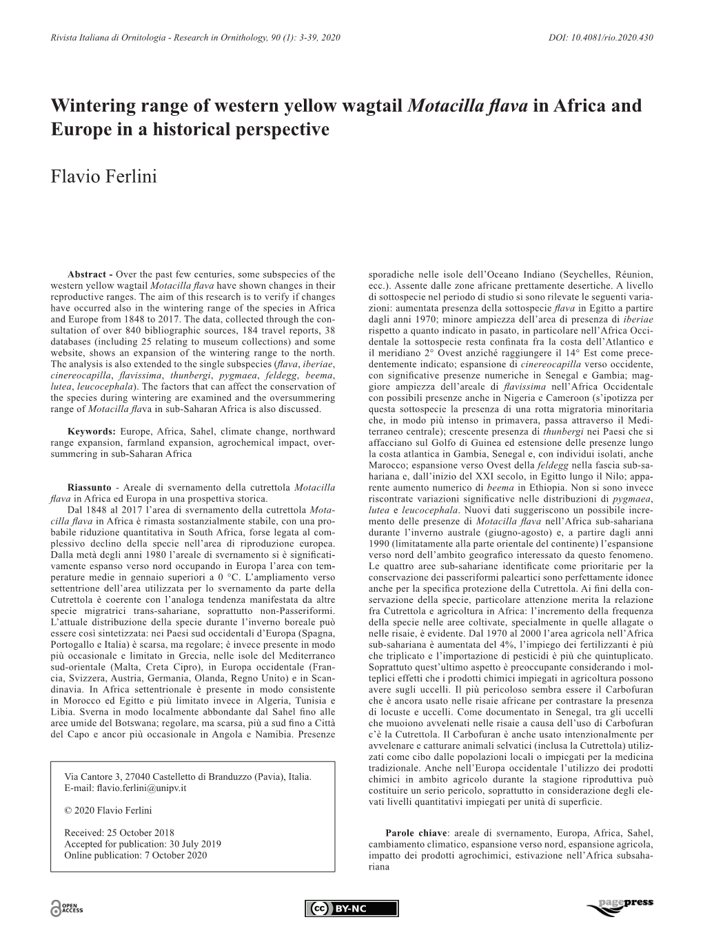 Wintering Range of Western Yellow Wagtail Motacilla Flava in Africa and Europe in a Historical Perspective