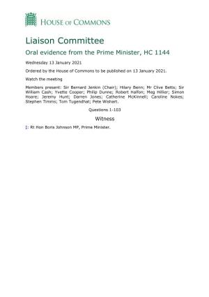 Liaison Committee Oral Evidence from the Prime Minister, HC 1144