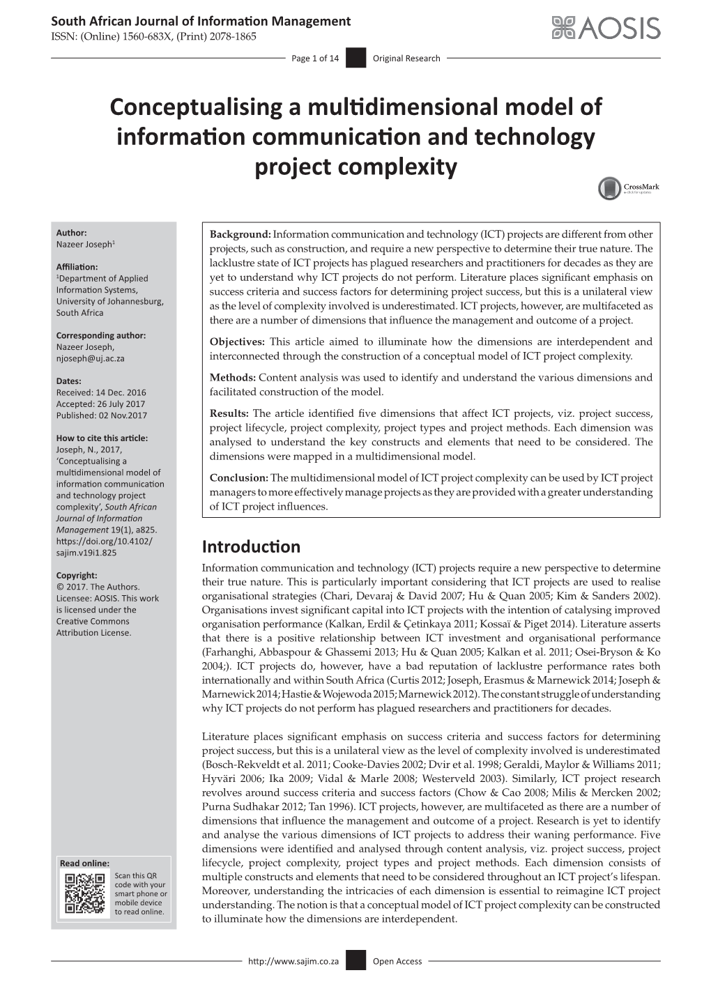 Conceptualising a Multidimensional Model of Information Communication and Technology Project Complexity