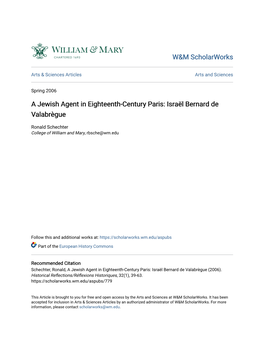 A Jewish Agent in Eighteenth-Century Paris: Israël Bernard De Valabrègue
