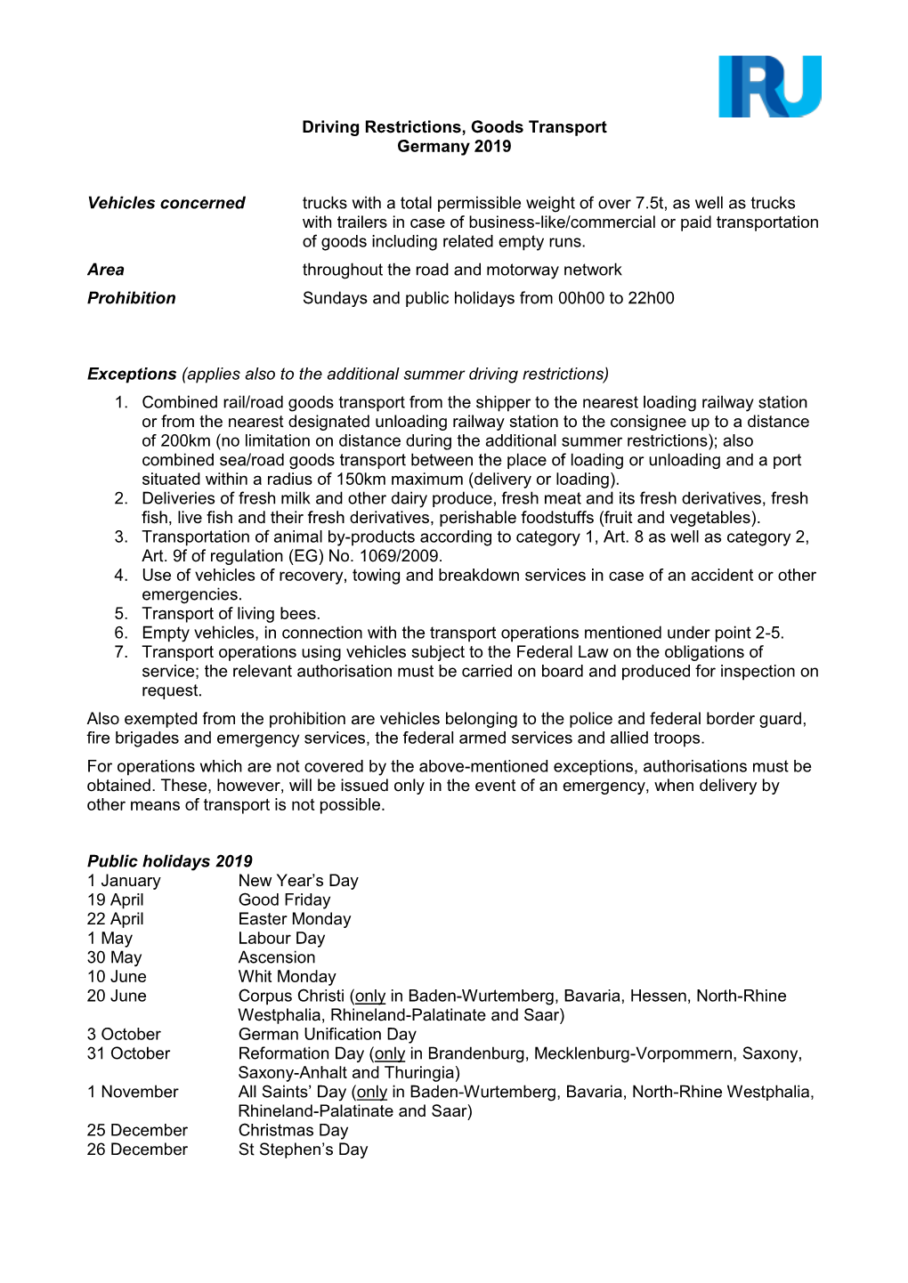 Driving Restrictions, Goods Transport Germany 2019