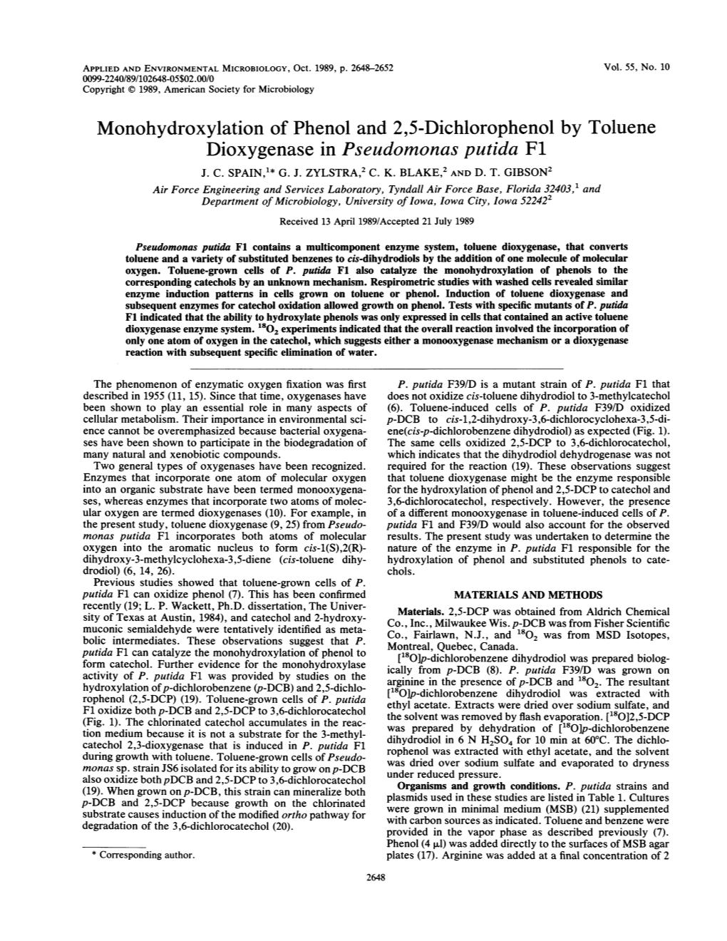 Monohydroxylation of Phenoland 2,5-Dichlorophenol by Toluene