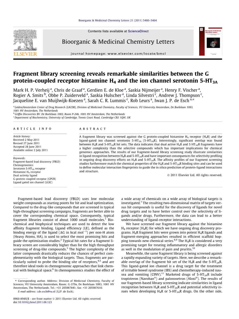 Fragment Library Screening Reveals Remarkable Similarities Between the G Protein-Coupled Receptor Histamine H4 and the Ion Channel Serotonin 5-HT3A Mark H