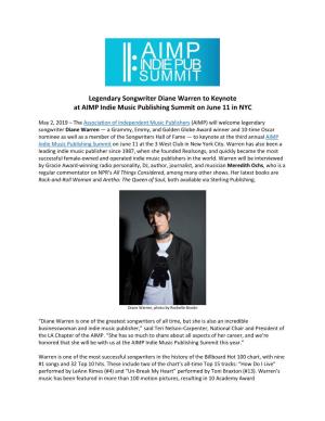 Legendary Songwriter Diane Warren to Keynote at AIMP Indie Music Publishing Summit on June 11 in NYC