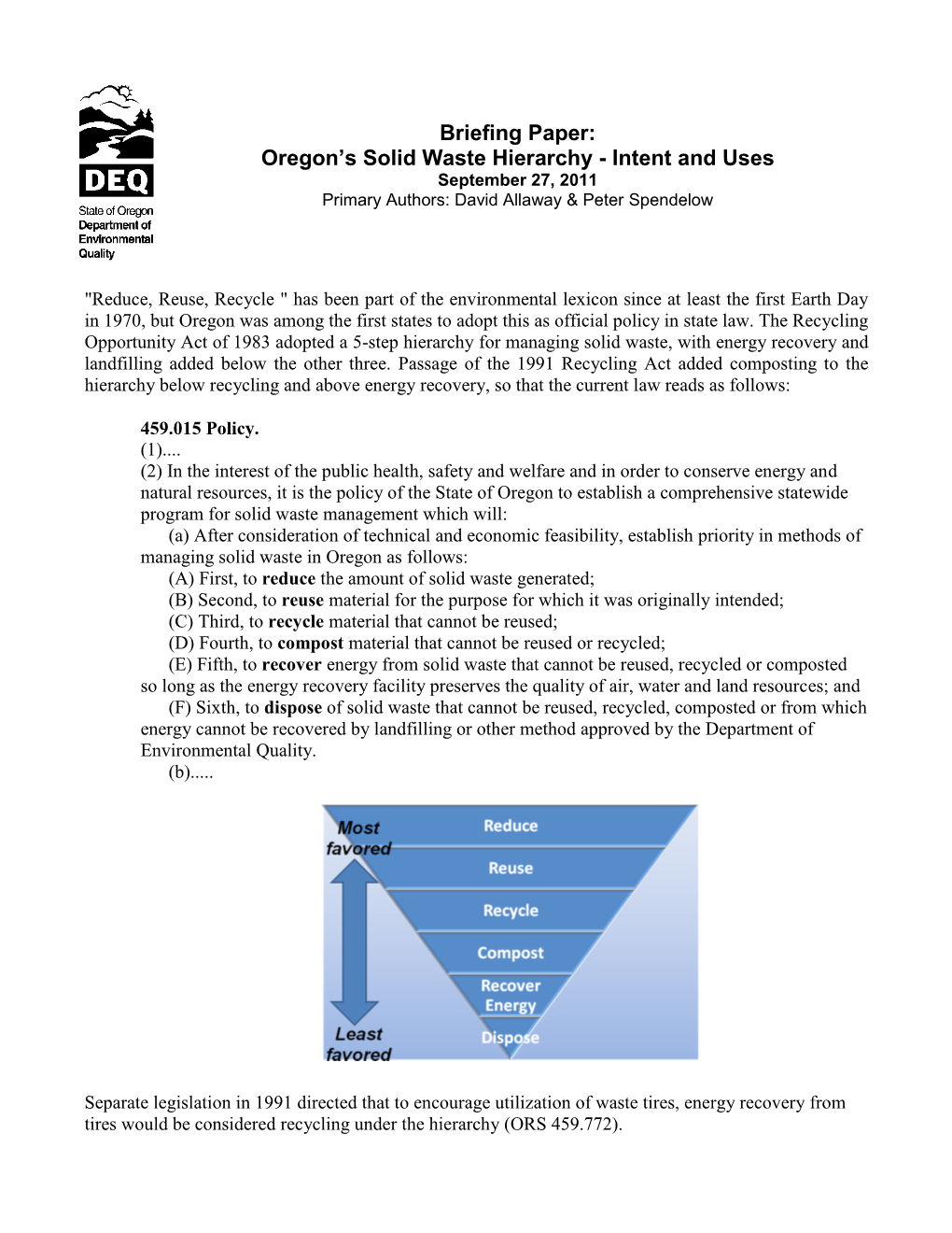 Briefing Paper: Oregon's Solid Waste Hierarchy