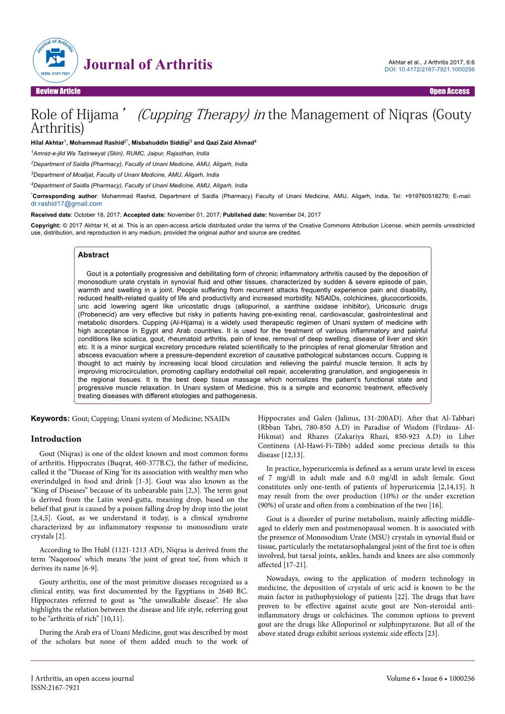 Role of Hijama' (Cupping Therapy) in the Management of Niqras (Gouty