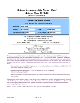 School Accountability Report Card School Year 2019-20 (Published During 2020-21)