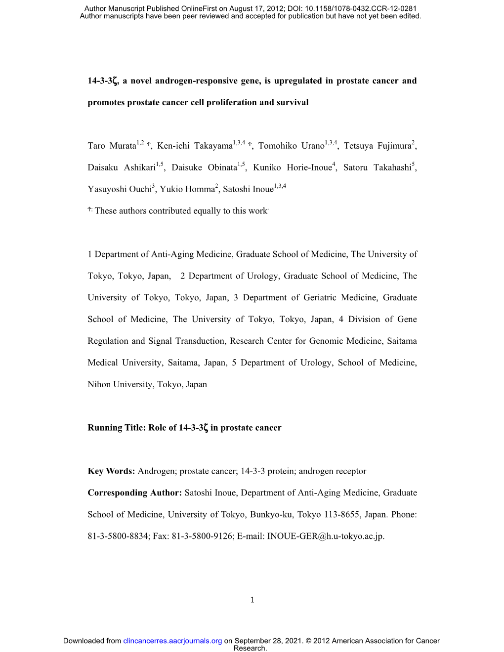 14-3-3Ζ, a Novel Androgen-Responsive Gene, Is Upregulated in Prostate Cancer And