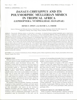 Danaus Chrysippus and Its Polymorphic Mullerian Mimics in Tropical Africa (Lepidoptera: Nymphalidae: Danainae)