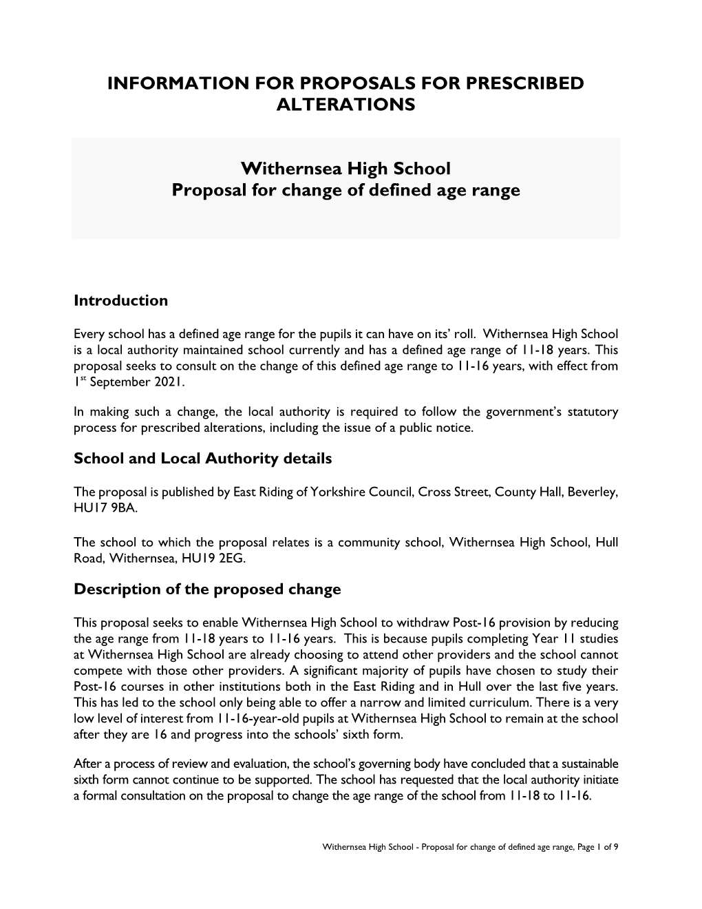 Withernsea High School Proposal for Change of Defined Age Range