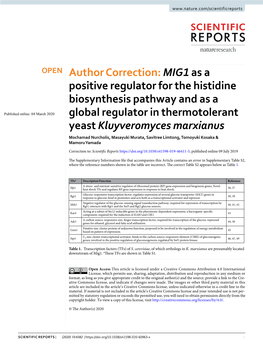Author Correction: MIG1 As a Positive Regulator for the Histidine Biosynthesis Pathway and As A