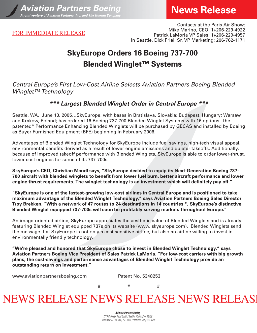 June 13, 2005 Skyeurope Orders 16 Boeing