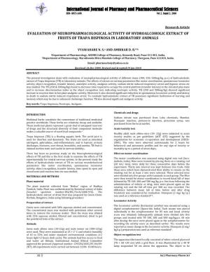 Evaluation of Neuropharmacological Activity of Hydroalcoholic Extract of Fruits of Trapa Bispinosa in Laboratory Animals
