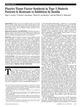 Platelet Tissue Factor Synthesis in Type 2 Diabetic Patients Is Resistant to Inhibition by Insulin Anja J