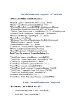 List of Government Companies in Tamilnadu List of Central