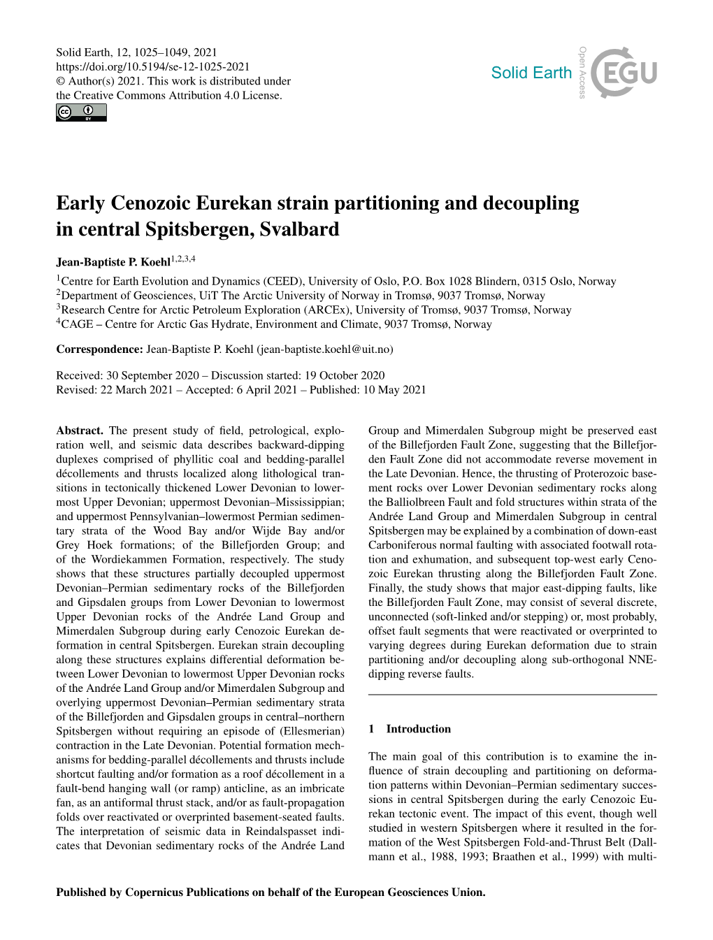 Early Cenozoic Eurekan Strain Partitioning and Decoupling in Central Spitsbergen, Svalbard