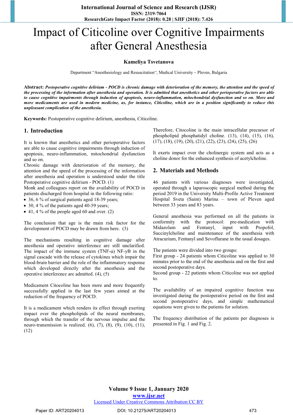 Impact of Citicoline Over Cognitive Impairments After General Anesthesia