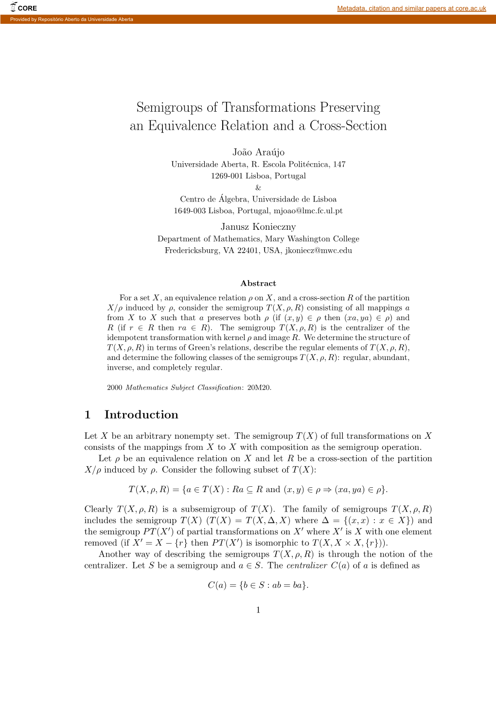 Semigroups of Transformations Preserving an Equivalence Relation and a Cross-Section