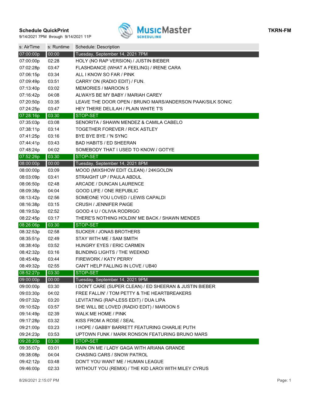 Schedule Quickprint TKRN-FM