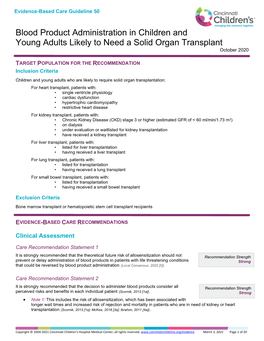 Blood Product Administration in Children and Young Adults Likely to Need a Solid Organ Transplant October 2020