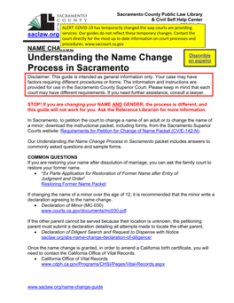 Understanding the Name Change Process in Sacramento Packet Includes Answers to Commonly Asked Questions and Sample Forms