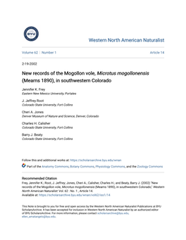 New Records of the Mogollon Vole, Microtus Mogollonensis (Mearns 1890), in Southwestern Colorado