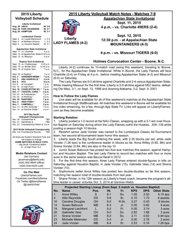 2015 Liberty Volleyball Match Notes - Matches 7-9 Volleyball Schedule Appalachian State Invitational