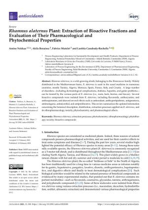 Rhamnus Alaternus Plant: Extraction of Bioactive Fractions and Evaluation of Their Pharmacological and Phytochemical Properties