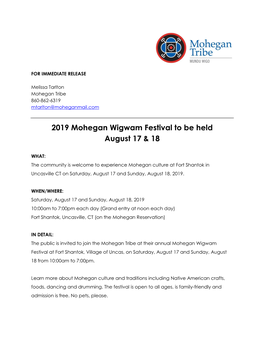 2019 Mohegan Wigwam Festival to Be Held August 17 & 18