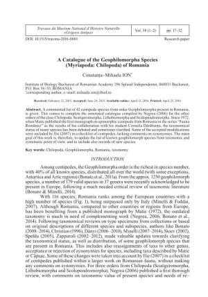 A Catalogue of the Geophilomorpha Species (Myriapoda: Chilopoda) of Romania Constanța–Mihaela ION*