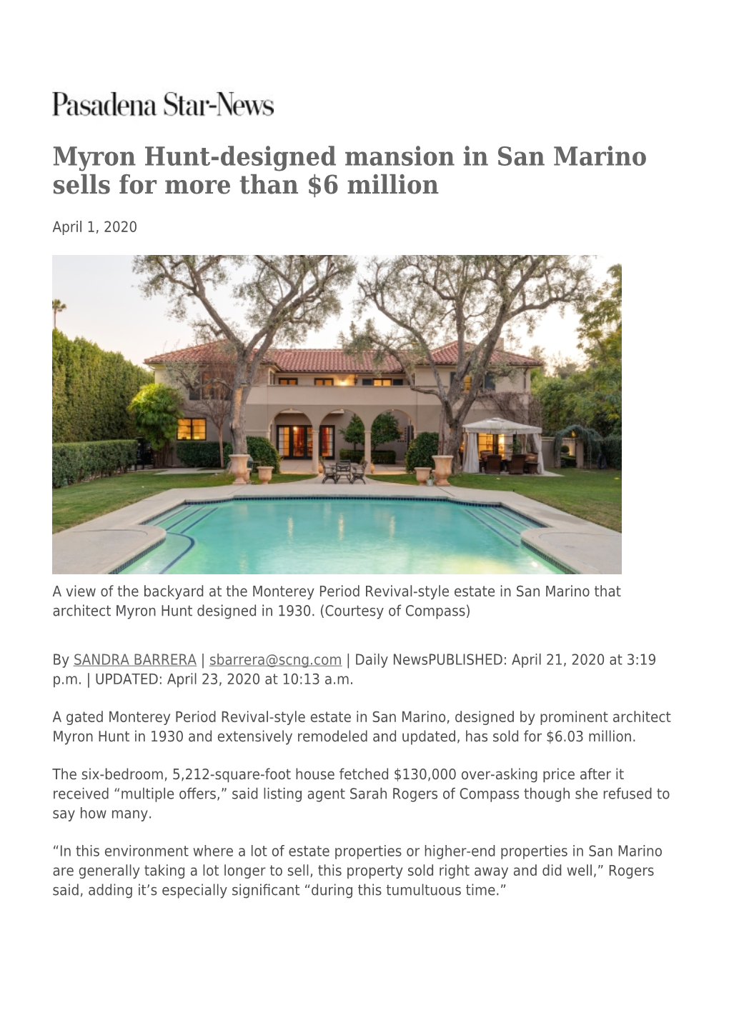 Myron Hunt-Designed Mansion in San Marino Sells for More Than $6 Million