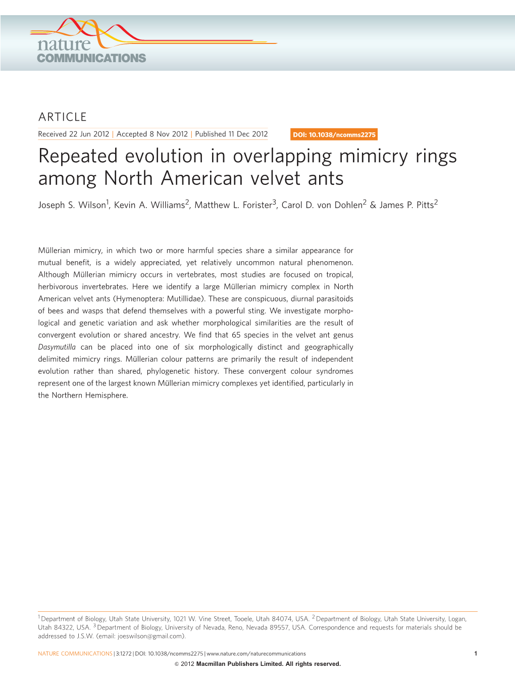 Repeated Evolution in Overlapping Mimicry Rings Among North American Velvet Ants