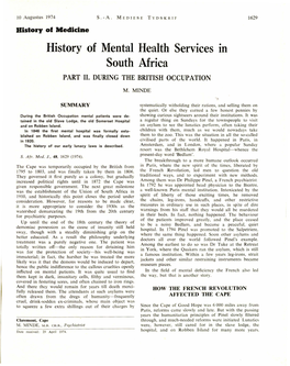History of Mental Health Services South Africa