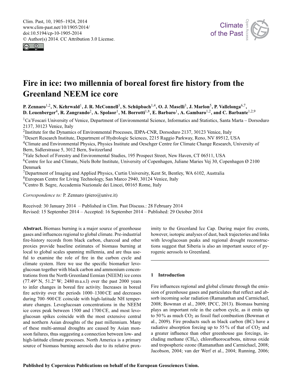 Two Millennia of Boreal Forest Fire History from the Greenland NEEM