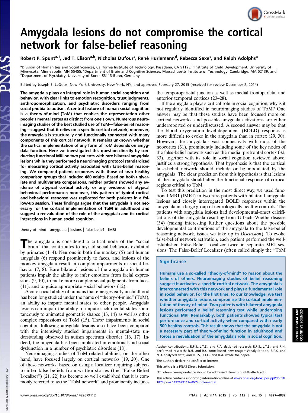 Amygdala Lesions Do Not Compromise the Cortical Network for False-Belief Reasoning