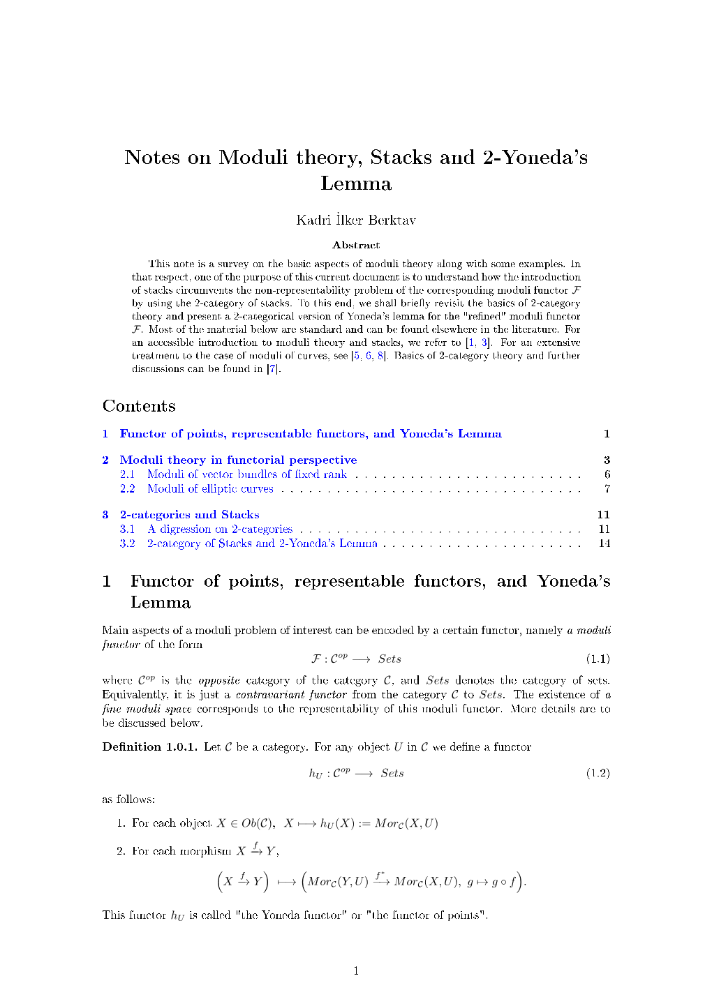 Notes on Moduli Theory, Stacks and 2-Yoneda's Lemma