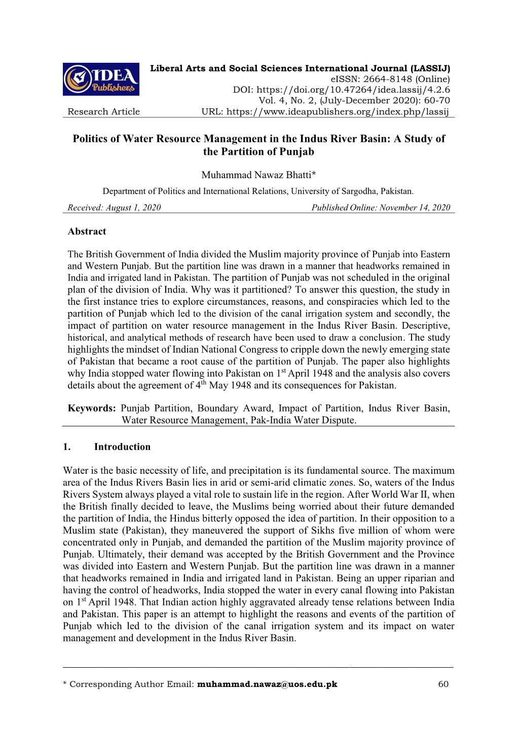 Politics of Water Resource Management in the Indus River Basin: a Study of the Partition of Punjab