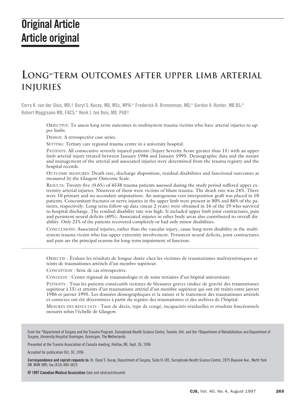 Original Article Article Original LONG-TERM OUTCOMES AFTER UPPER LIMB ARTERIAL INJURIES