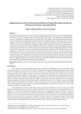 Indigenising the Interior of Some Selected Hotels in Enugu Metropolis Through the Production of Textile, Using Igbo Motifs
