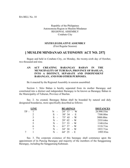 [ Muslim Mindanao Autonomy Act No. 257]