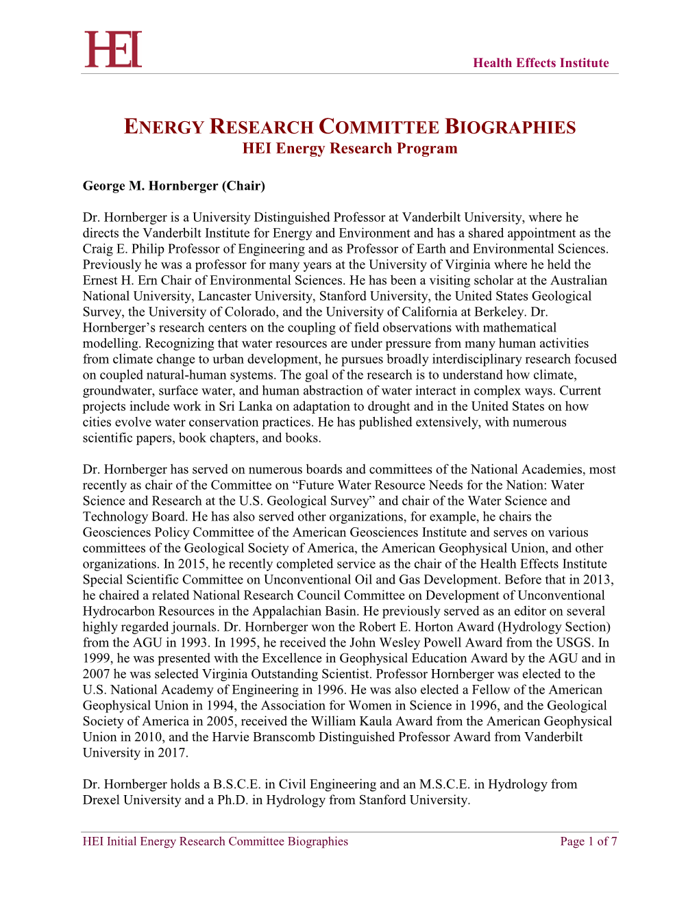 ENERGY RESEARCH COMMITTEE BIOGRAPHIES HEI Energy Research Program